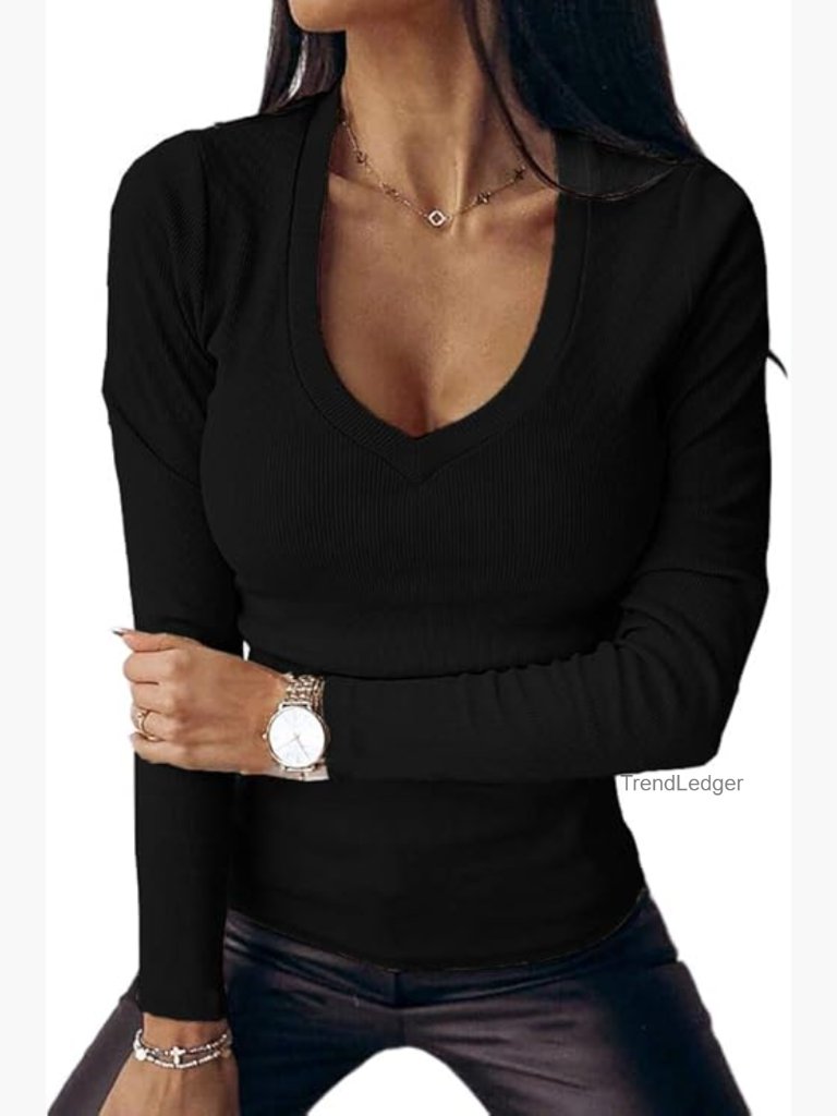 Long Sleeve V Neck Ribbed Slim Fit Tunic Top Tee Sexy Stretchy